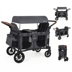 Wagon Stroller for 4 Kids Foldable 4-Seater Push-Pull Toddler Stroller-Gray
