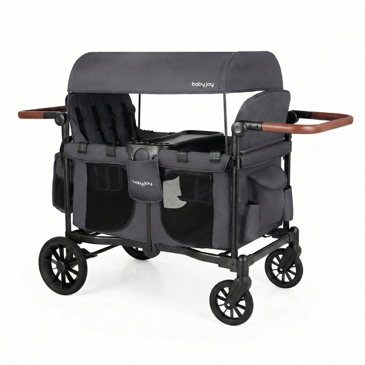 Wagon Stroller for 4 Kids Foldable 4-Seater Push-Pull Toddler Stroller-Gray