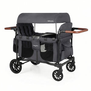 Wagon Stroller for 4 Kids Foldable 4-Seater Push-Pull Toddler Stroller-Gray