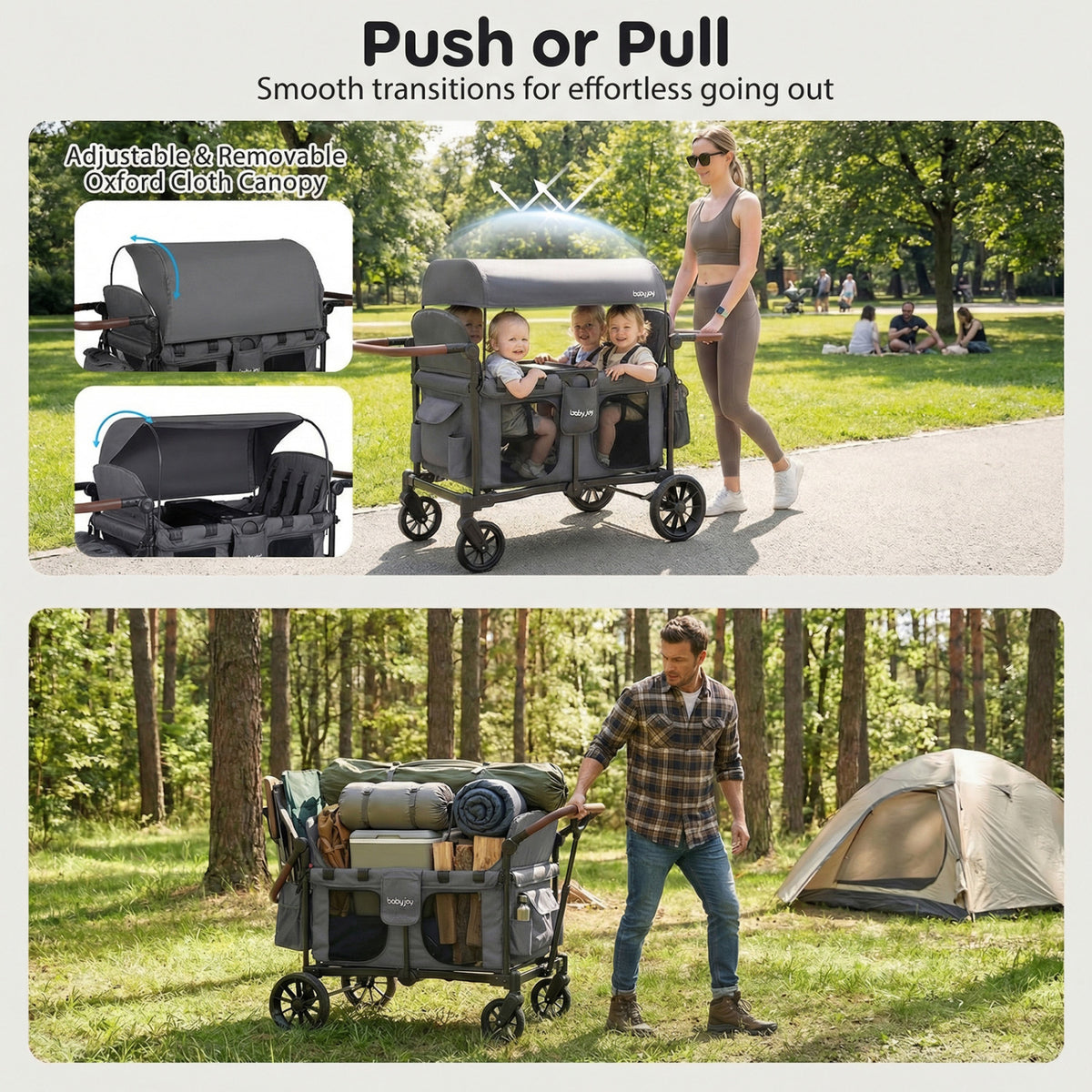 Wagon Stroller for 4 Kids Foldable 4-Seater Push-Pull Toddler Stroller-Gray