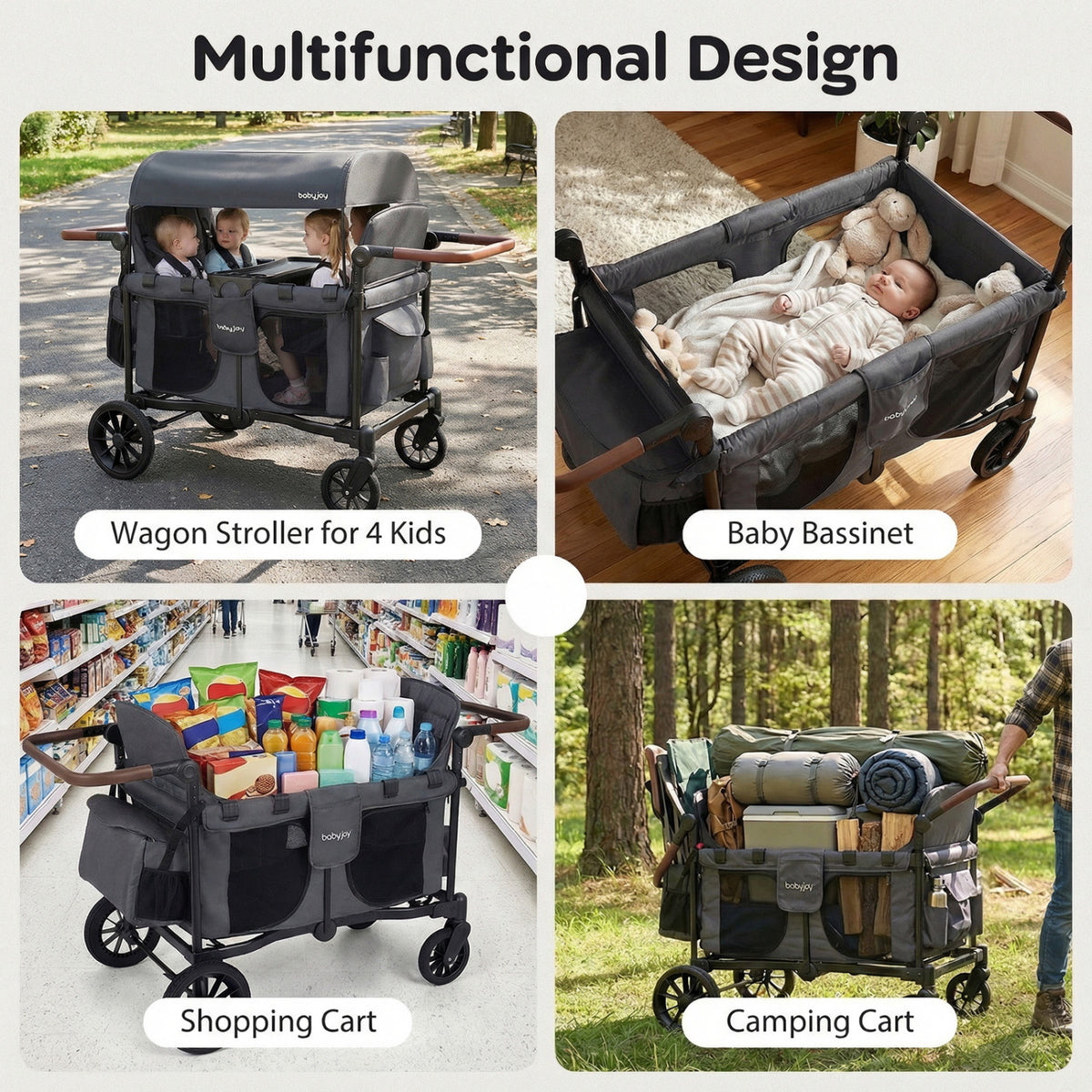 Wagon Stroller for 4 Kids Foldable 4-Seater Push-Pull Toddler Stroller-Gray