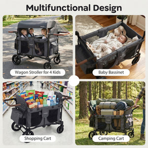 Wagon Stroller for 4 Kids Foldable 4-Seater Push-Pull Toddler Stroller-Gray