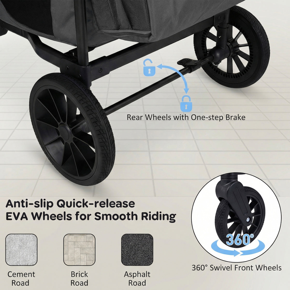 Wagon Stroller for 4 Kids Foldable 4-Seater Push-Pull Toddler Stroller-Gray