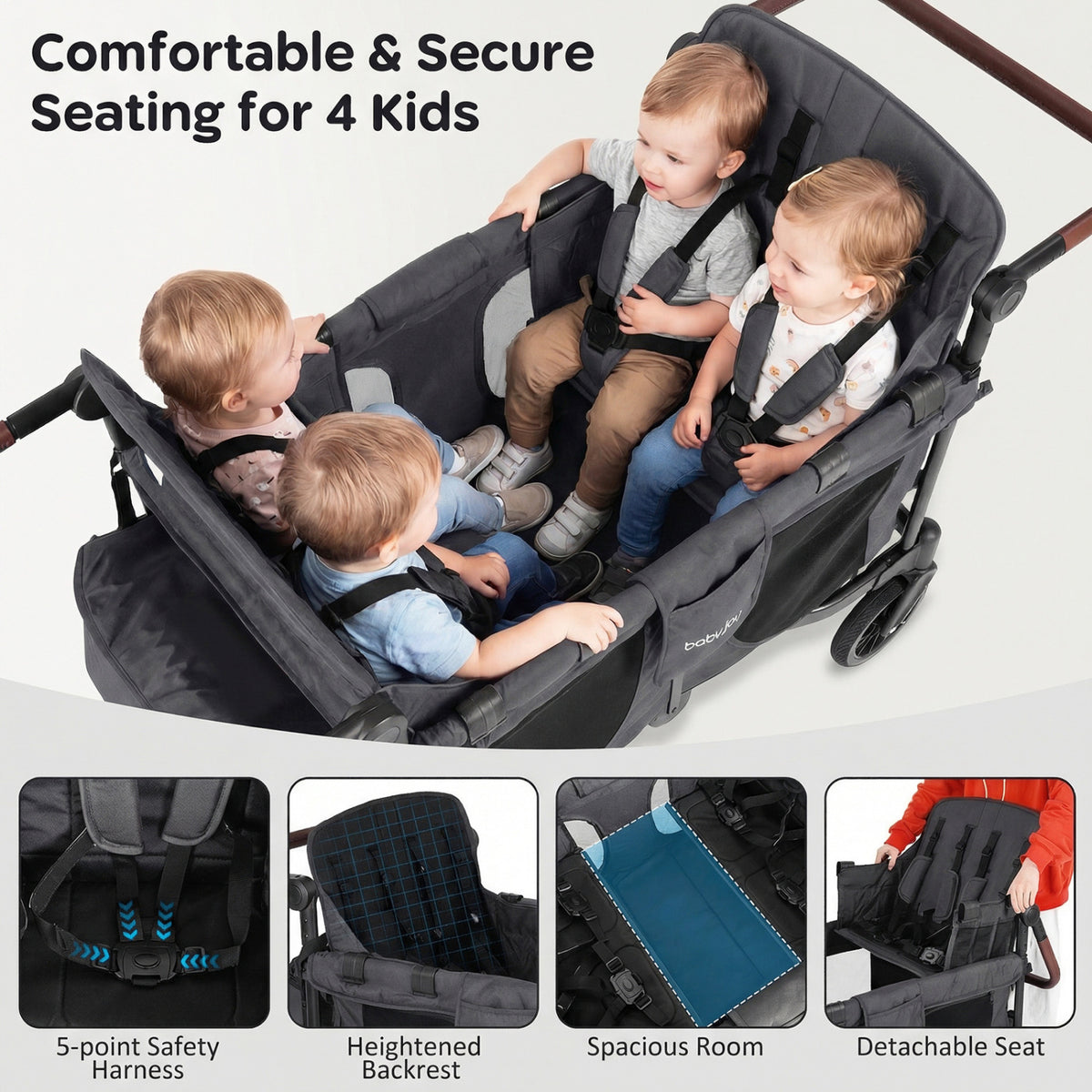 Wagon Stroller for 4 Kids Foldable 4-Seater Push-Pull Toddler Stroller-Gray
