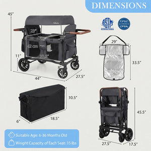Wagon Stroller for 4 Kids Foldable 4-Seater Push-Pull Toddler Stroller-Gray