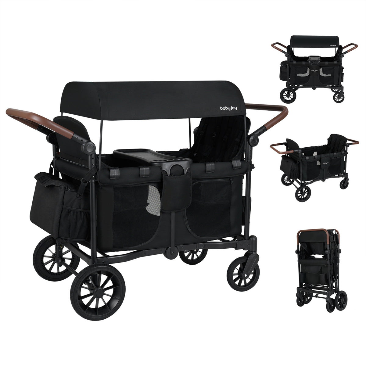 Wagon Stroller for 4 Kids Foldable 4-Seater Push-Pull Toddler Stroller-Black