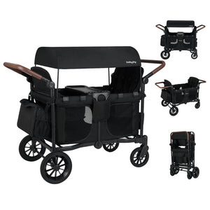 Wagon Stroller for 4 Kids Foldable 4-Seater Push-Pull Toddler Stroller-Black