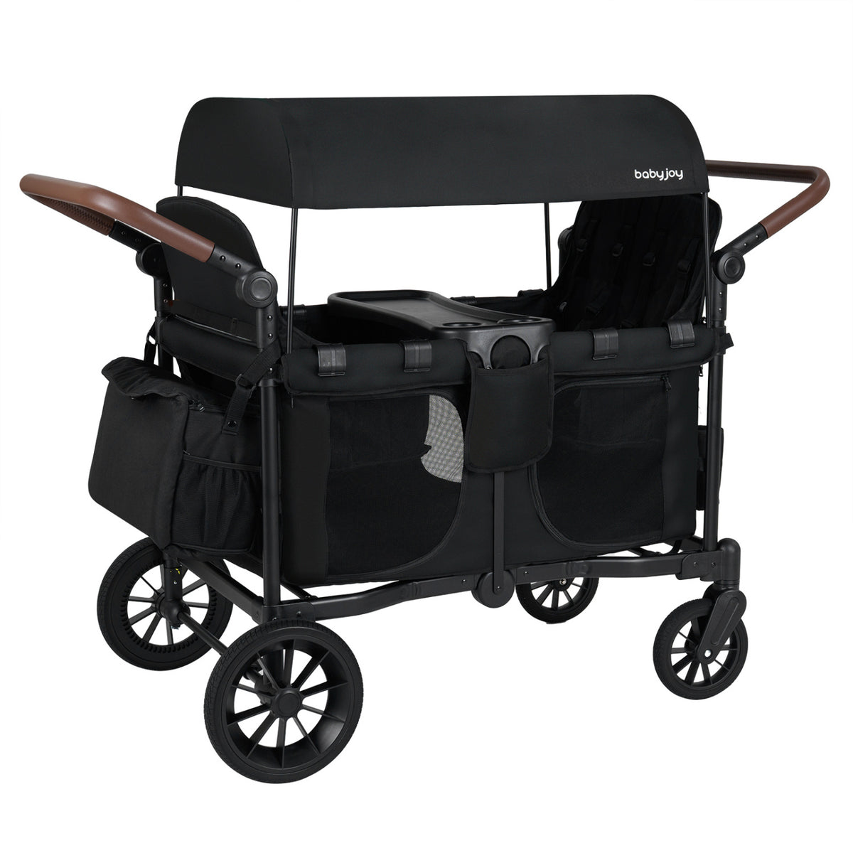 Wagon Stroller for 4 Kids Foldable 4-Seater Push-Pull Toddler Stroller-Black