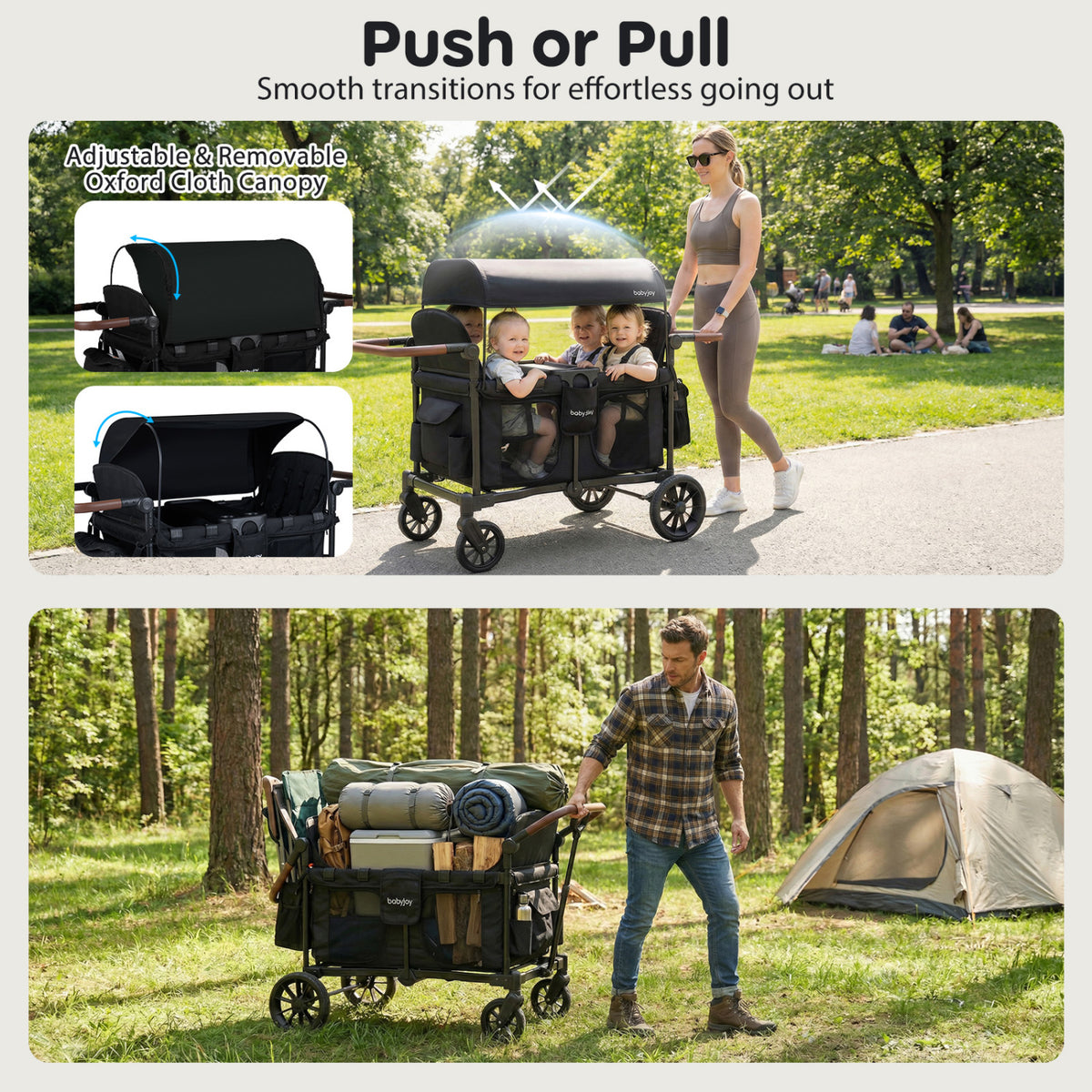 Wagon Stroller for 4 Kids Foldable 4-Seater Push-Pull Toddler Stroller-Black