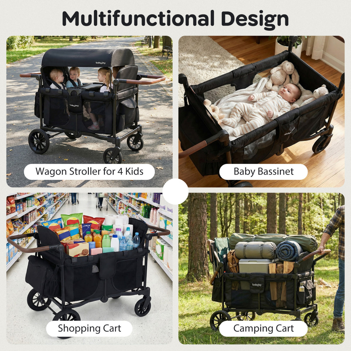 Wagon Stroller for 4 Kids Foldable 4-Seater Push-Pull Toddler Stroller-Black