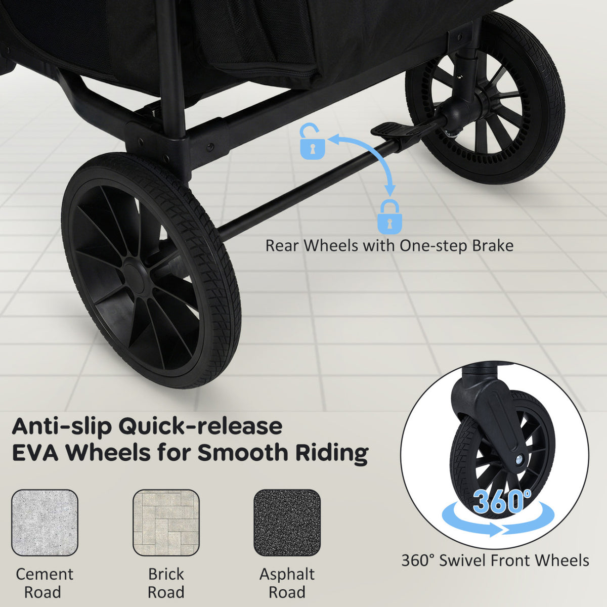 Wagon Stroller for 4 Kids Foldable 4-Seater Push-Pull Toddler Stroller-Black