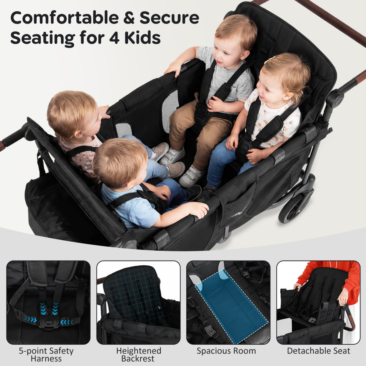 Wagon Stroller for 4 Kids Foldable 4-Seater Push-Pull Toddler Stroller-Black