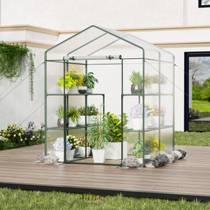 Walk-in Greenhouse with 3 Tiers 8 Shelves PVC Cover Roll-up Zippered Door-Transparent