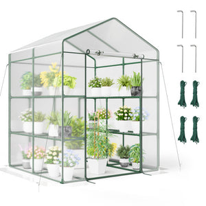 Walk-in Greenhouse with 3 Tiers 8 Shelves PVC Cover Roll-up Zippered Door-Transparent