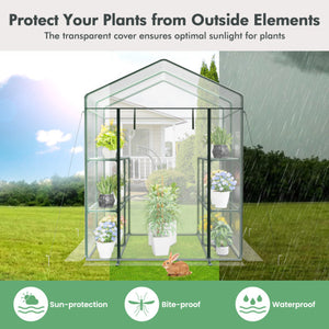 Walk-in Greenhouse with 3 Tiers 8 Shelves PVC Cover Roll-up Zippered Door-Transparent