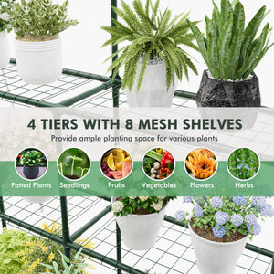 Walk-in Greenhouse with 3 Tiers 8 Shelves PVC Cover Roll-up Zippered Door-Transparent