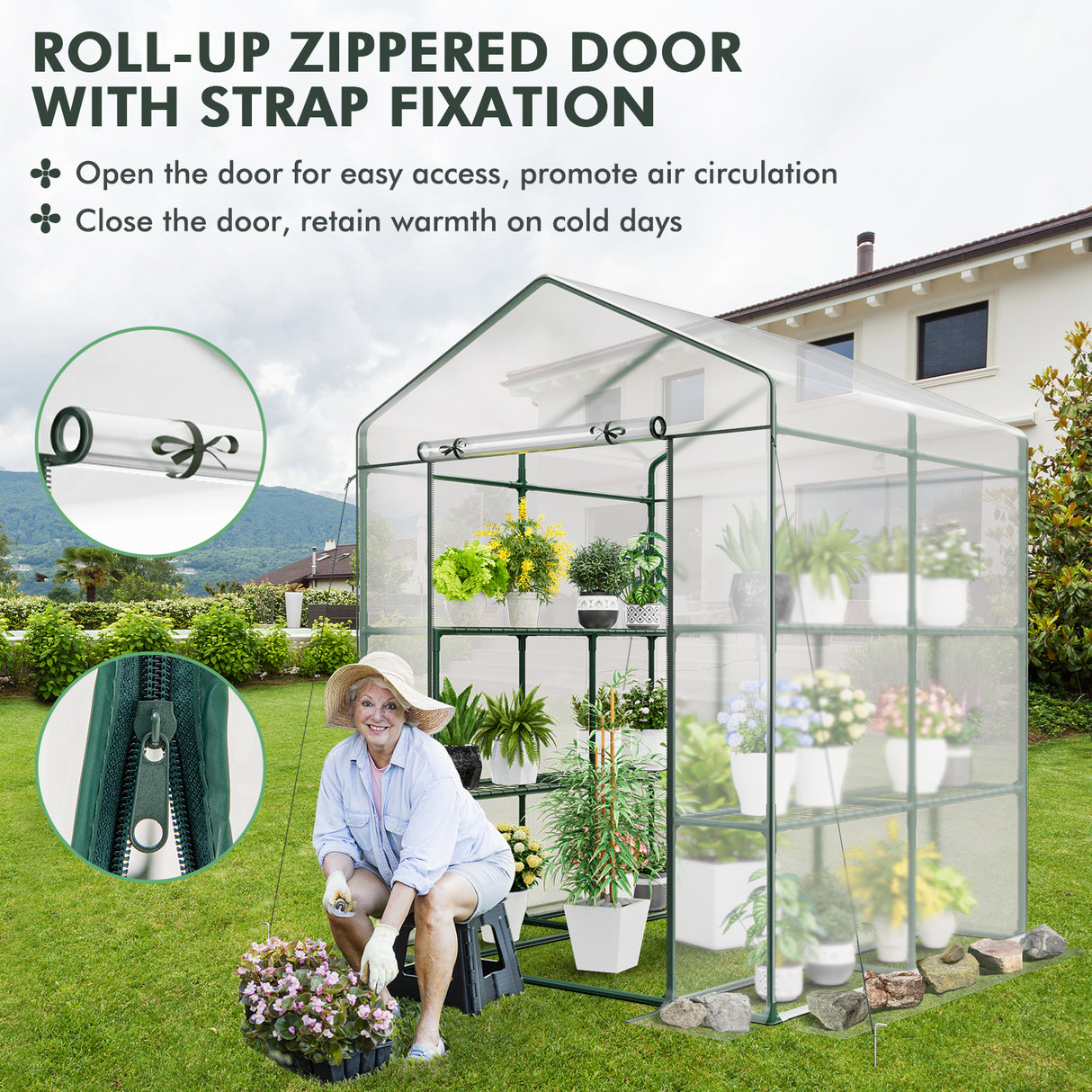 Walk-in Greenhouse with 3 Tiers 8 Shelves PVC Cover Roll-up Zippered Door-Transparent