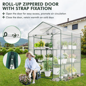 Walk-in Greenhouse with 3 Tiers 8 Shelves PVC Cover Roll-up Zippered Door-Transparent