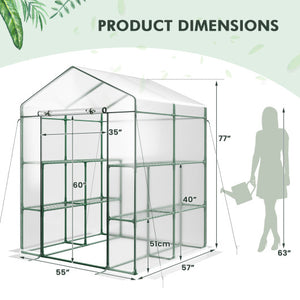 Walk-in Greenhouse with 3 Tiers 8 Shelves PVC Cover Roll-up Zippered Door-Transparent