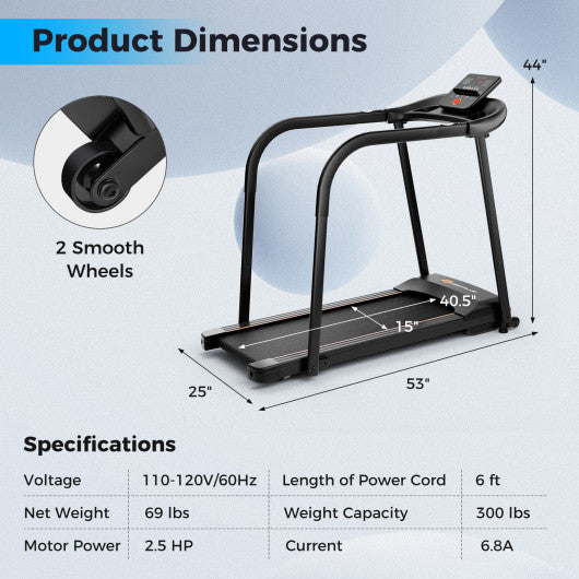 2.5 HP Walking Treadmill with Long Handrails for Seniors-Black