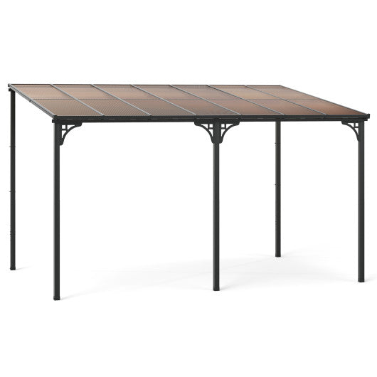 Wall-Mounted Patio Gazebo Large Outdoor Hardtop Pergola with Sloped Polycarbonate Roof-Black