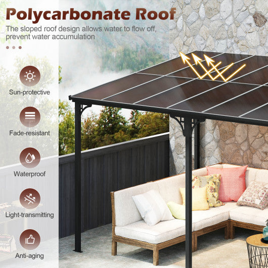Wall-Mounted Patio Gazebo Large Outdoor Hardtop Pergola with Sloped Polycarbonate Roof-Black