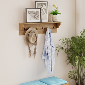 Wall Hooks with Shelf 31.5inch Wooden Coat Rack with 6 Hooks for Hats Towels Purses Robes-Natural