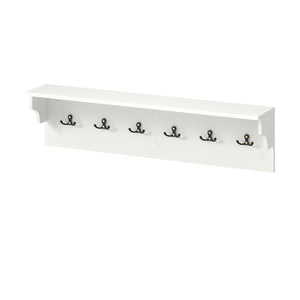 Wall Hooks with Shelf 31.5inch Wooden Coat Rack with 6 Hooks for Hats Towels Purses Robes-White