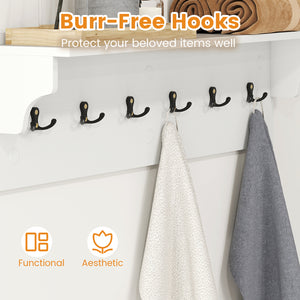Wall Hooks with Shelf 31.5inch Wooden Coat Rack with 6 Hooks for Hats Towels Purses Robes-White