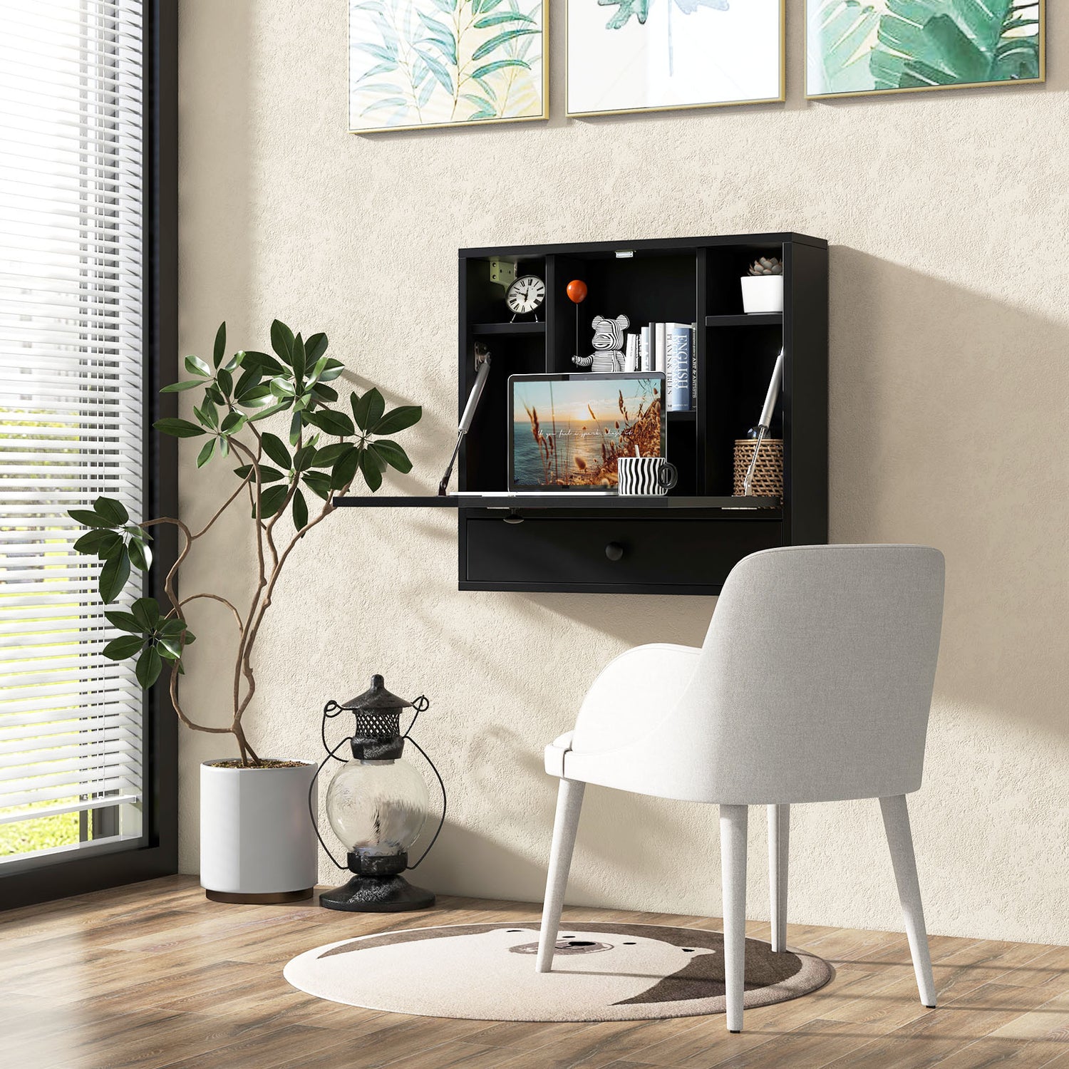 Wall-Mount Floating Desk Foldable Space Saving Laptop Workstation Black