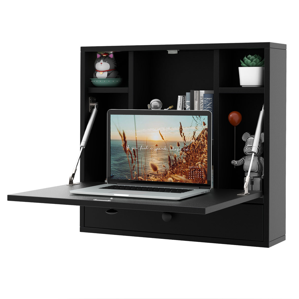 Wall-Mount Floating Desk Foldable Space Saving Laptop Workstation Black
