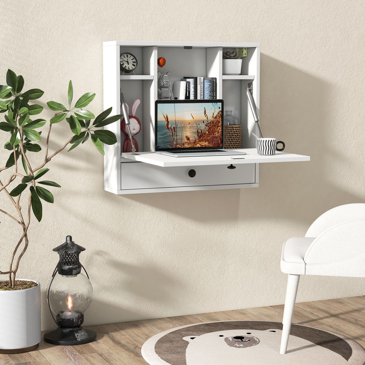 Wall-Mount Floating Desk Foldable Space Saving Laptop Workstation White