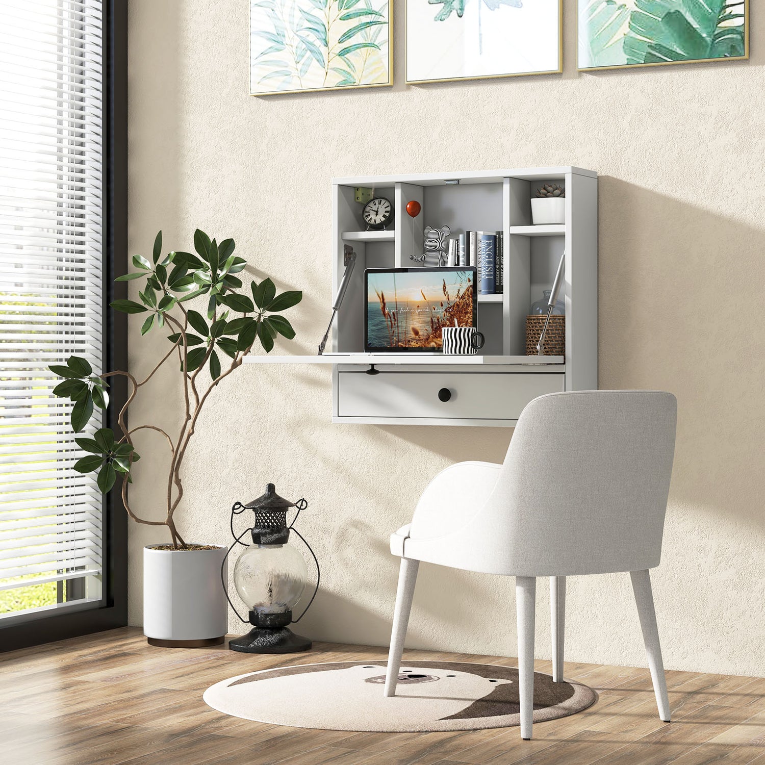 Wall-Mount Floating Desk Foldable Space Saving Laptop Workstation White