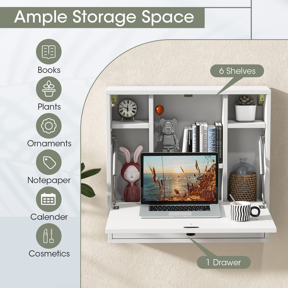 Wall-Mount Floating Desk Foldable Space Saving Laptop Workstation White
