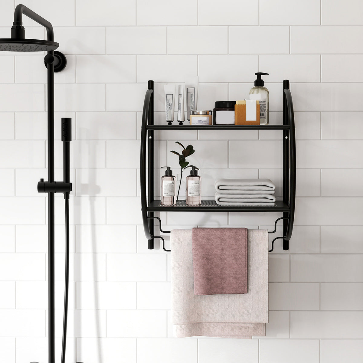 Wall Mounted 2-Tier Bathroom Towel Rack with 2 Towel Bars-Black