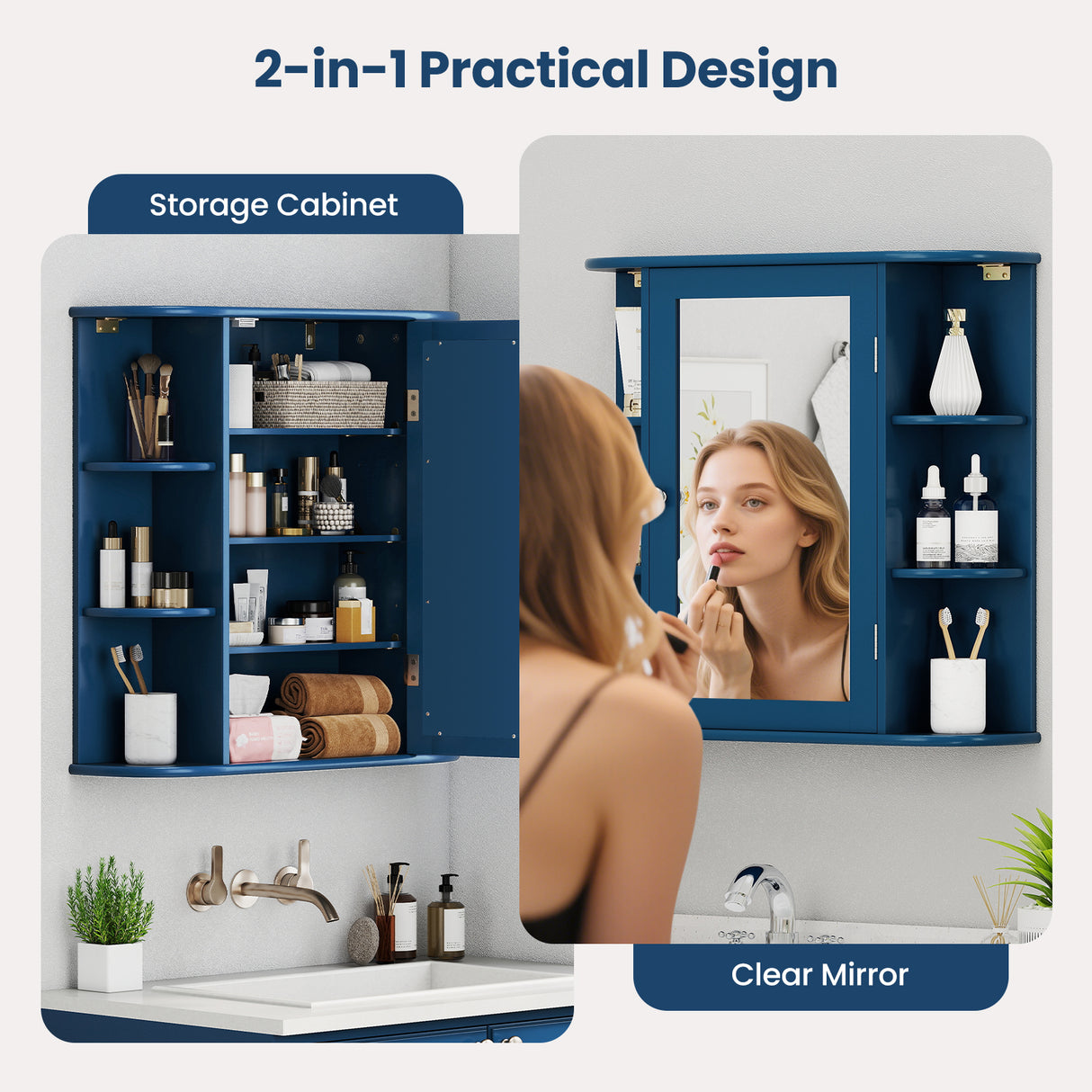 Wall-Mounted Bathroom Mirror Cabinet with Storage Shelves-Blue