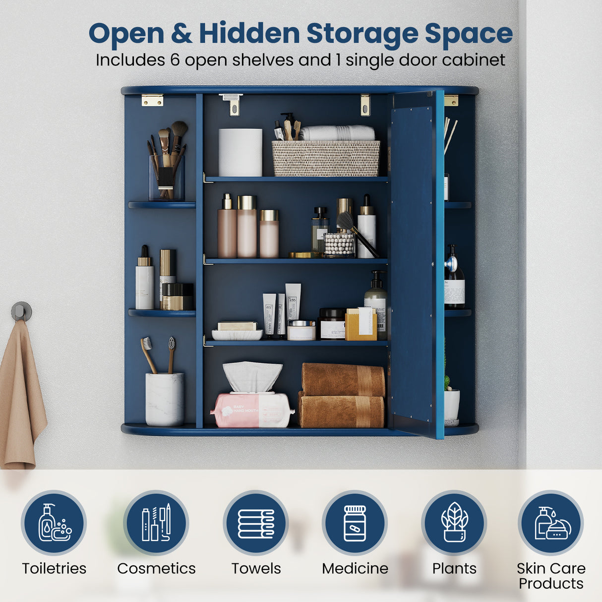 Wall-Mounted Bathroom Mirror Cabinet with Storage Shelves-Blue