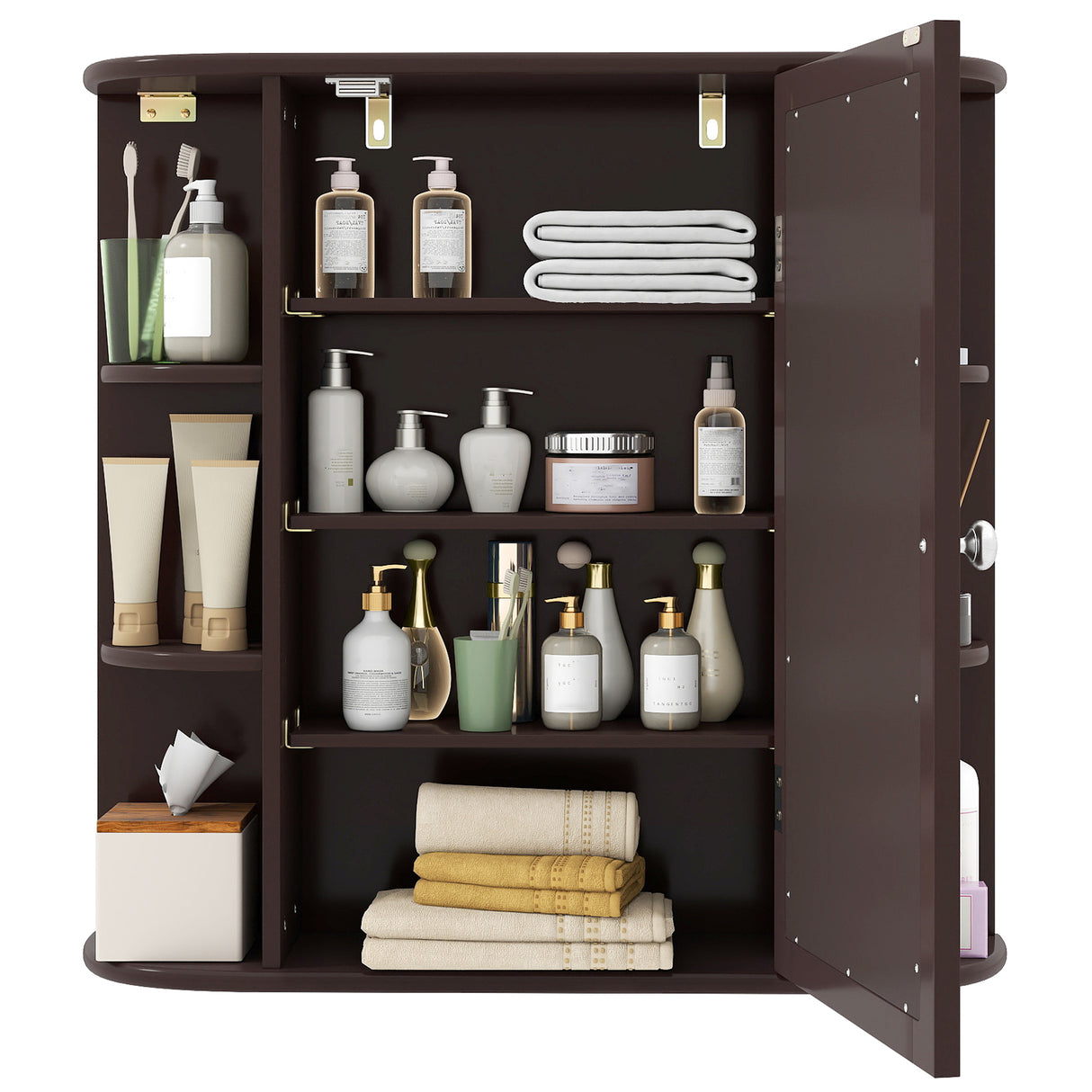 Wall-Mounted Bathroom Mirror Cabinet with Storage Shelves-Brown