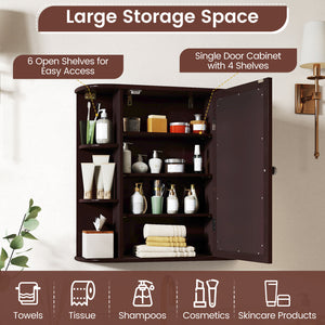 Wall-Mounted Bathroom Mirror Cabinet with Storage Shelves-Brown