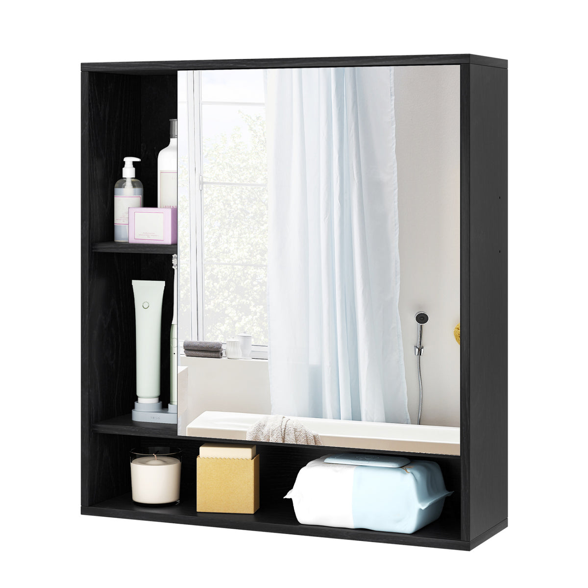 Wall Mounted  Bathroom Cabinet with Mirror Single Door-Black