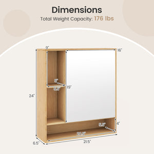 Wall Mounted  Bathroom Cabinet with Mirror Single Door-Natural