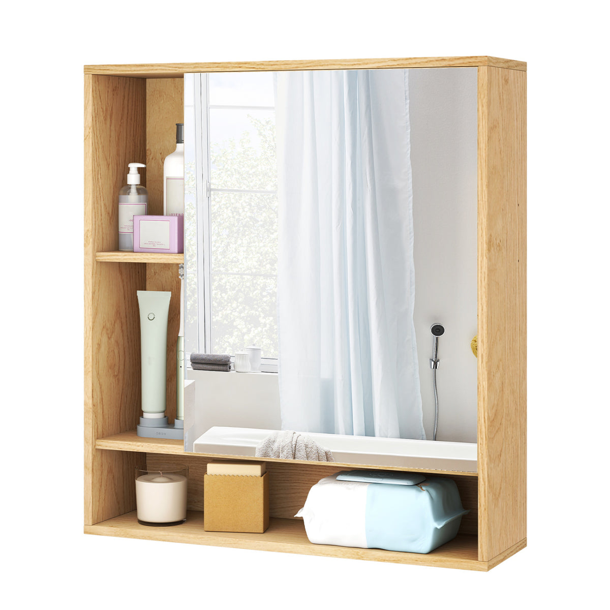 Wall Mounted  Bathroom Cabinet with Mirror Single Door-Natural