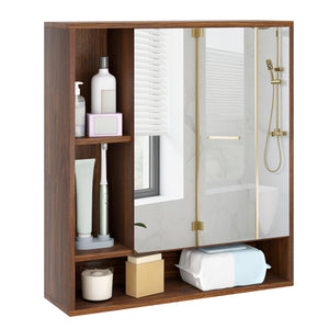 Wall Mounted  Bathroom Cabinet with Mirror Single Door-Walnut