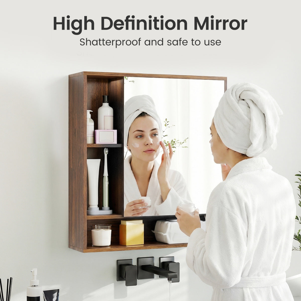 Wall Mounted  Bathroom Cabinet with Mirror Single Door-Walnut