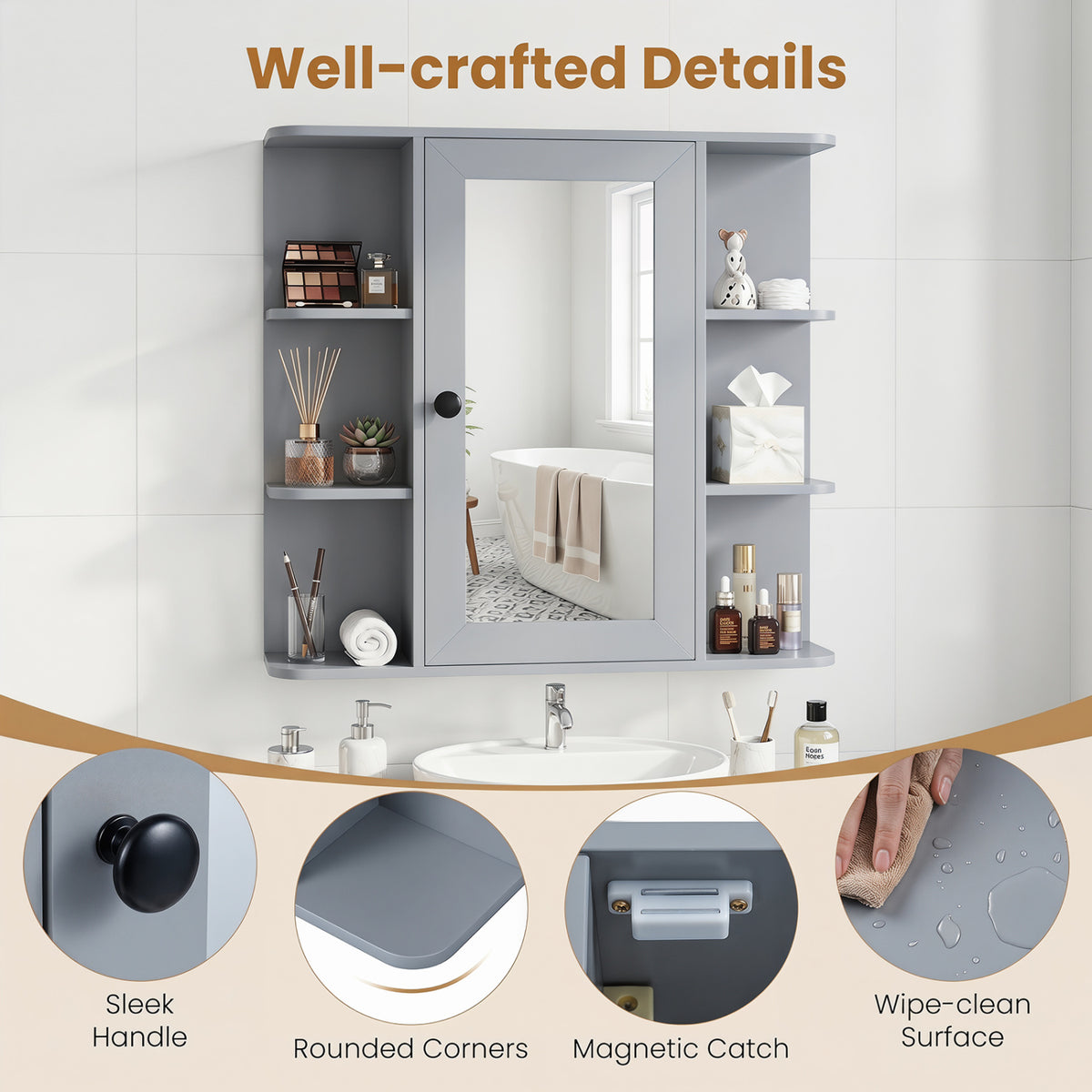 Wall Mounted Bathroom Medicine Cabinet with Mirror and Shelves-Gray