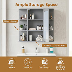 Wall Mounted Bathroom Medicine Cabinet with Mirror and Shelves-Gray