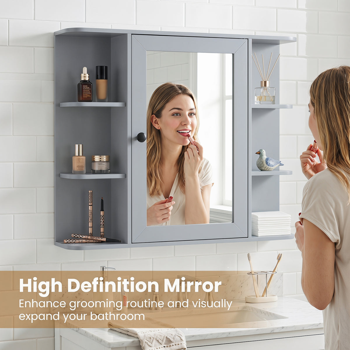 Wall Mounted Bathroom Medicine Cabinet with Mirror and Shelves-Gray