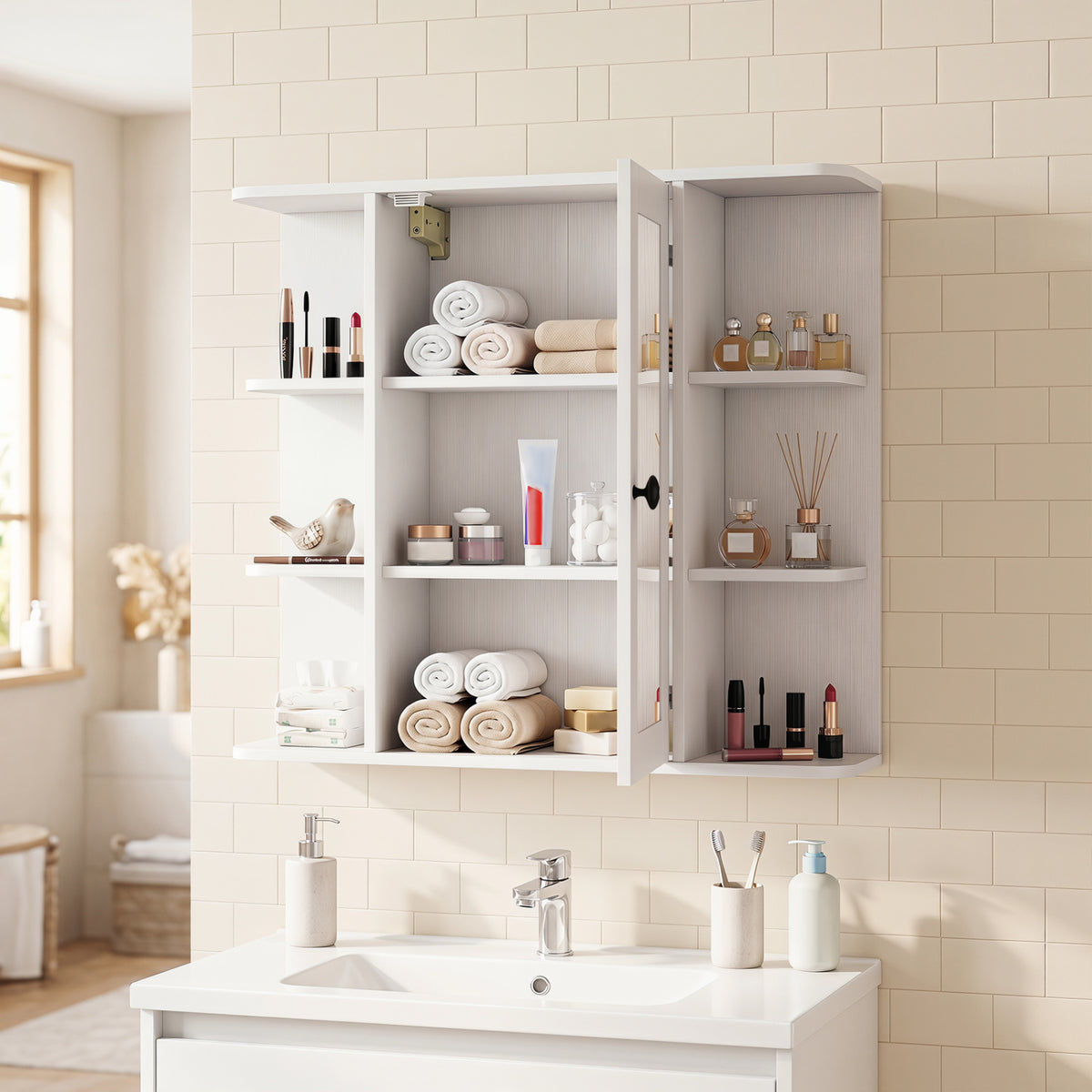 Wall Mounted Bathroom Medicine Cabinet with Mirror and Shelves-White
