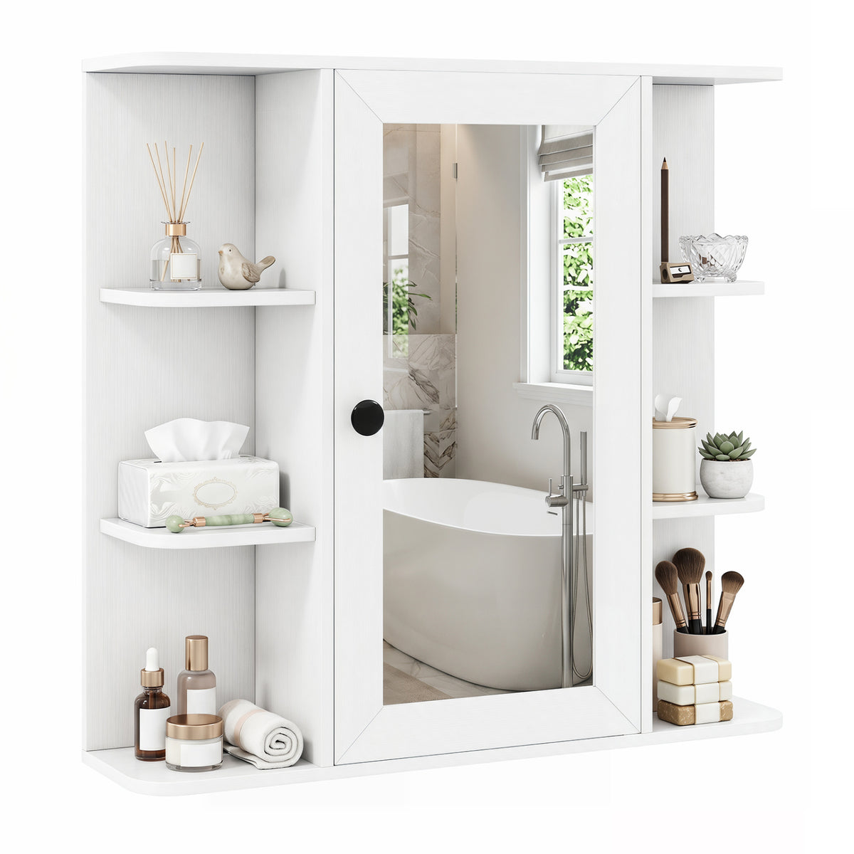Wall Mounted Bathroom Medicine Cabinet with Mirror and Shelves-White