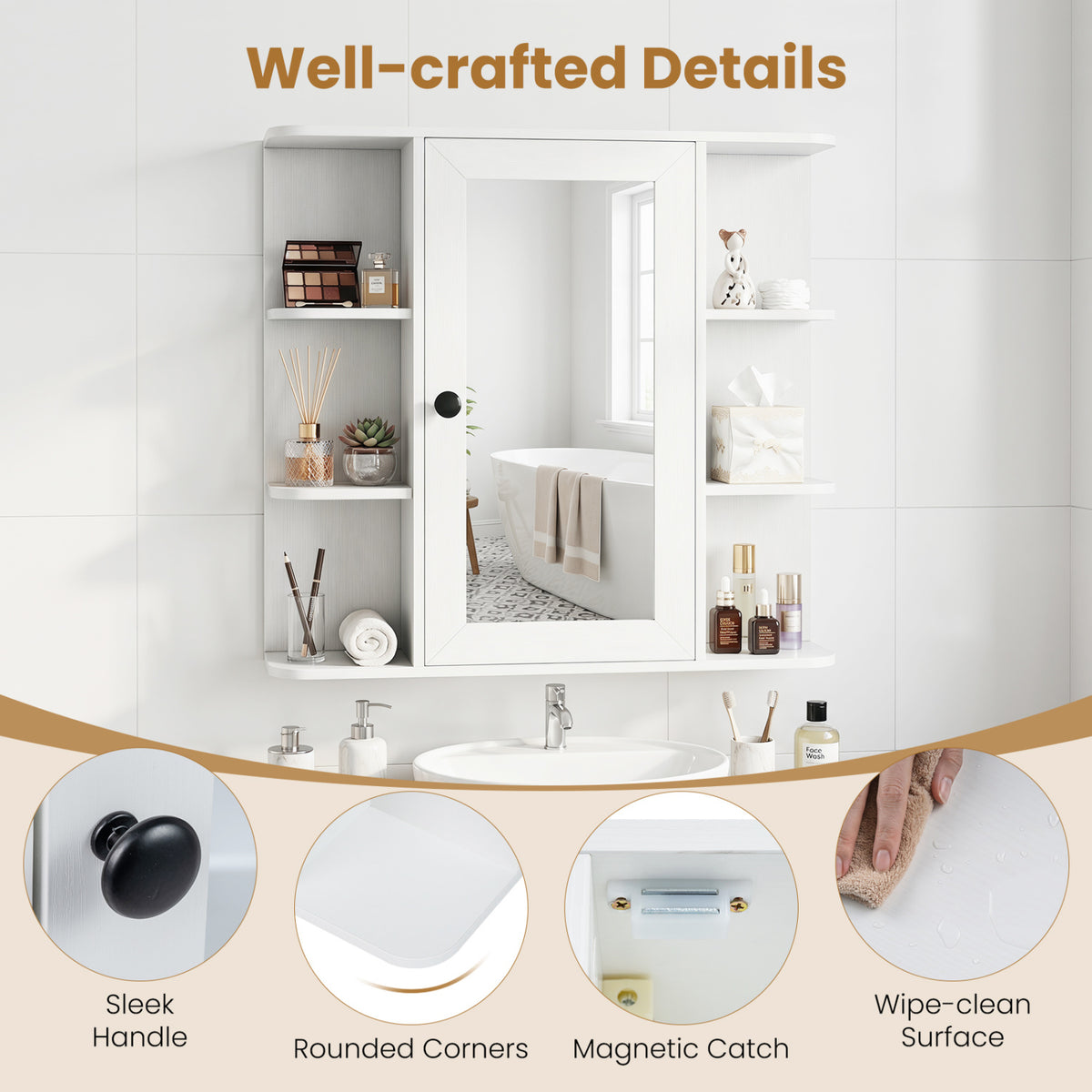Wall Mounted Bathroom Medicine Cabinet with Mirror and Shelves-White
